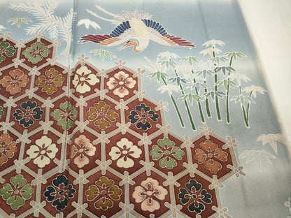 平和屋着物▽訪問着　単衣　刺繍　飛鶴吉祥松竹梅文　暈し染め　正絹　逸品　CAAP5587ut