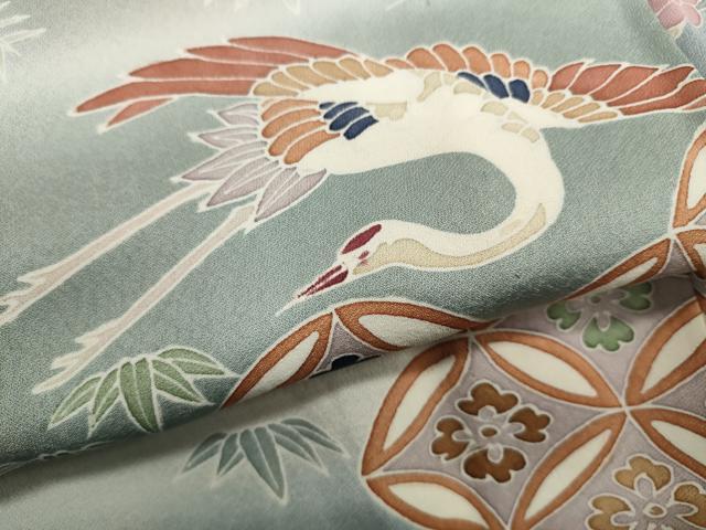 平和屋着物▽訪問着　単衣　刺繍　飛鶴吉祥松竹梅文　暈し染め　正絹　逸品　CAAP5587ut