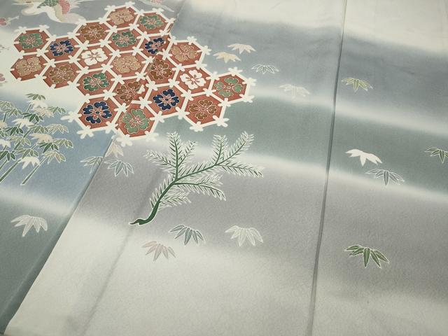 平和屋着物▽訪問着　単衣　刺繍　飛鶴吉祥松竹梅文　暈し染め　正絹　逸品　CAAP5587ut