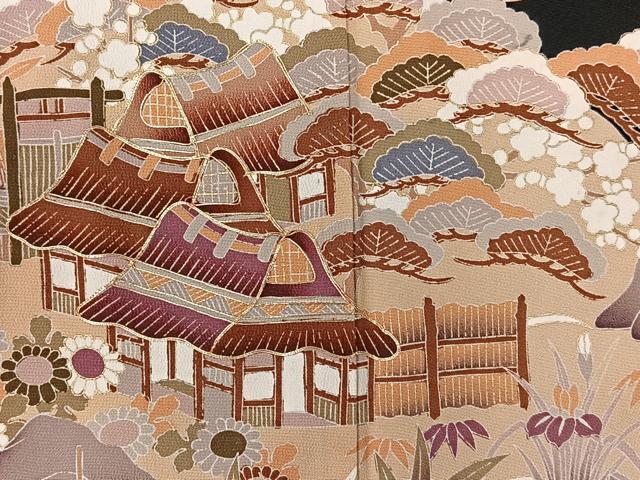 平和屋着物■豪華黒留袖　駒刺繍　水辺風景文　金彩　正絹　逸品　CAAP5640kb