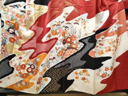 平和屋着物●創業460年・千總　振袖　絞り　流水草花文　金彩　正絹　逸品　CAAP7107hy