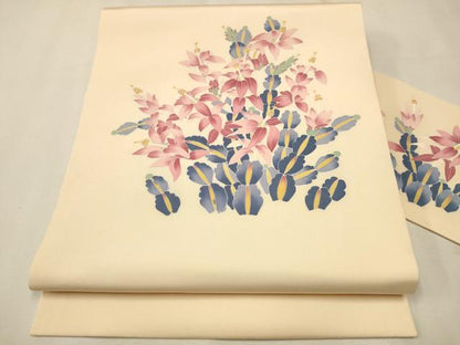 平和屋着物●塩瀬 九寸名古屋帯 作家物 草花文 正絹 逸品 CAAP7180hy