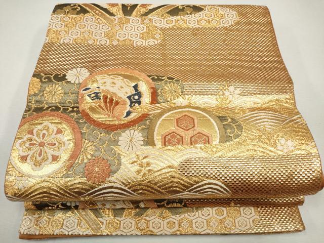 平和屋着物◎六通柄袋帯 天井花蝶丸文 金糸 正絹 逸品 CAAP8006ft