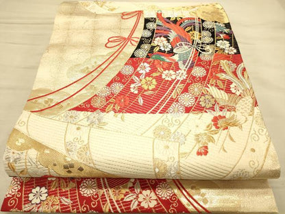 平和屋着物◎六通柄袋帯 唐織 几帳花鳥文 金銀糸 引箔 正絹 逸品 CAAP8033ft
