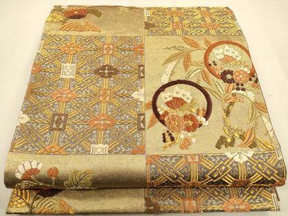 平和屋着物◎六通柄袋帯 唐織 市松花蝶丸文 金糸 引箔 正絹 逸品 CAAP8148ft