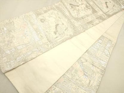 平和屋着物◎六通柄袋帯 草花鶴文 プラチナ箔 正絹 逸品 CAAP8222ft