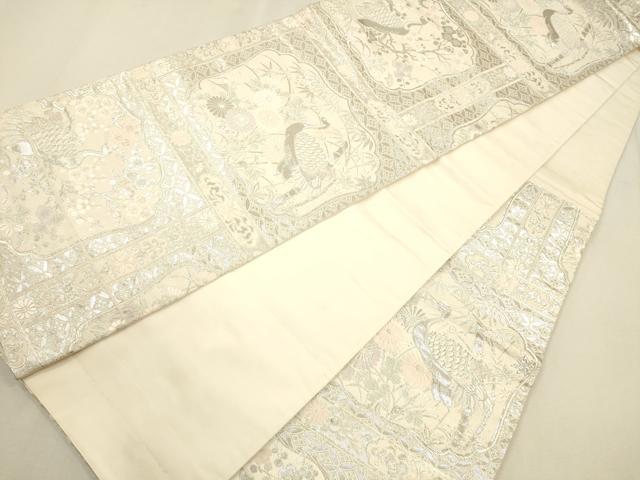 平和屋着物◎六通柄袋帯 草花鶴文 プラチナ箔 正絹 逸品 CAAP8222ft