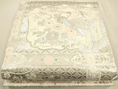 平和屋着物◎六通柄袋帯 草花鶴文 プラチナ箔 正絹 逸品 CAAP8222ft