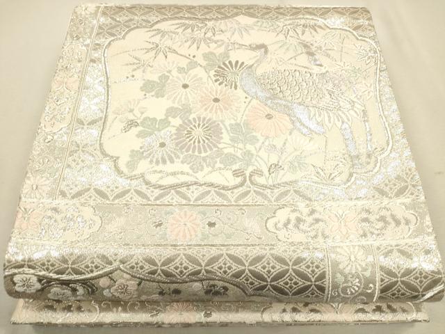 平和屋着物◎六通柄袋帯 草花鶴文 プラチナ箔 正絹 逸品 CAAP8222ft