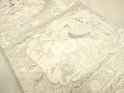平和屋着物◎六通柄袋帯 草花鶴文 プラチナ箔 正絹 逸品 CAAP8222ft