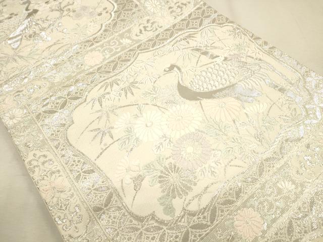 平和屋着物◎六通柄袋帯 草花鶴文 プラチナ箔 正絹 逸品 CAAP8222ft