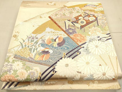 平和屋着物◎六通柄袋帯 唐織 渡り橋鴛鴦花文 金銀糸 正絹 逸品 CAAP8279ft