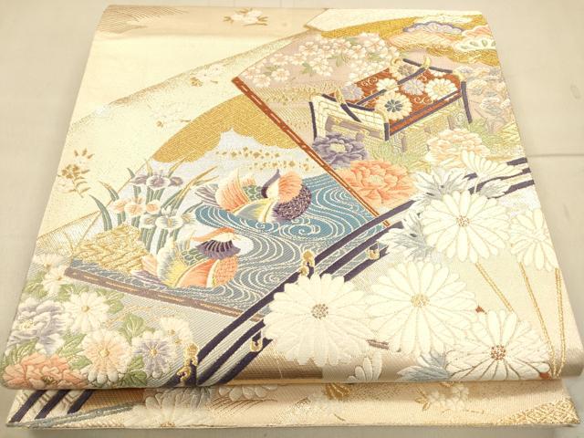 平和屋着物◎六通柄袋帯 唐織 渡り橋鴛鴦花文 金銀糸 正絹 逸品 CAAP8279ft