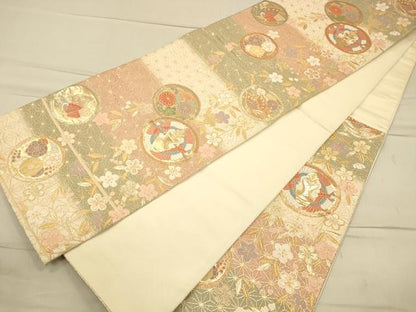 平和屋着物◎六通柄袋帯 花蝶丸文 鶴 金糸 正絹 逸品 CAAP8288ft