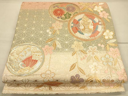 平和屋着物◎六通柄袋帯 花蝶丸文 鶴 金糸 正絹 逸品 CAAP8288ft