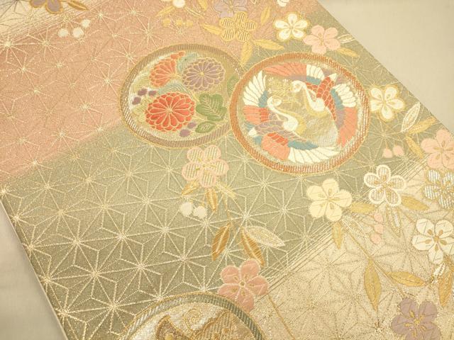 平和屋着物◎六通柄袋帯 花蝶丸文 鶴 金糸 正絹 逸品 CAAP8288ft