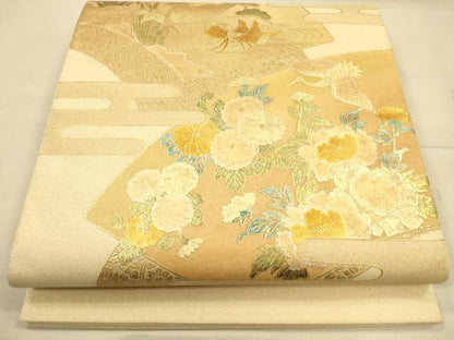 平和屋着物◎太鼓柄袋帯 綴れ エ霞地紙花鳥文 金銀彩 正絹 逸品 CAAP8294ft