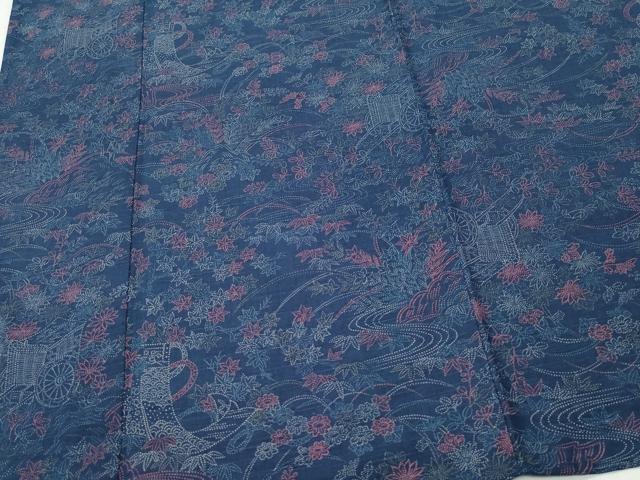 平和屋着物▽上質な紬 単衣 御所車草花文 正絹 逸品 CAAQ0005vf