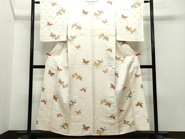 平和屋着物▽上質な小紋 単衣 舞蝶風景花文 扇面金通し地 正絹 逸品 CAAQ0010vf