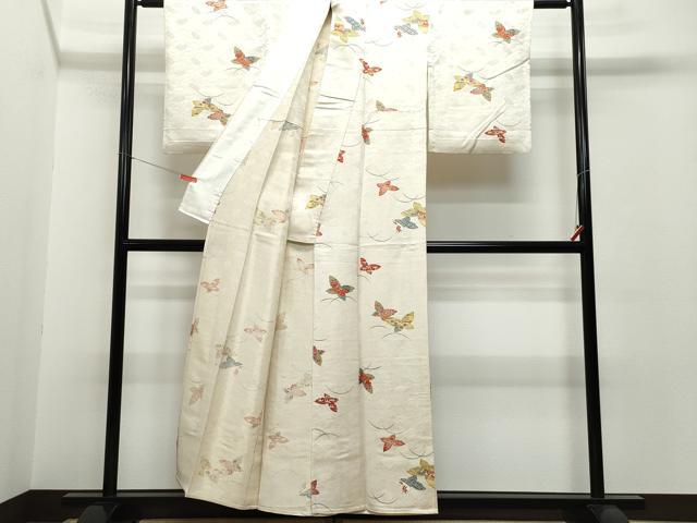 平和屋着物▽上質な小紋 単衣 舞蝶風景花文 扇面金通し地 正絹 逸品 CAAQ0010vf