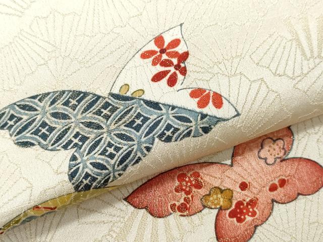平和屋着物▽上質な小紋 単衣 舞蝶風景花文 扇面金通し地 正絹 逸品 CAAQ0010vf