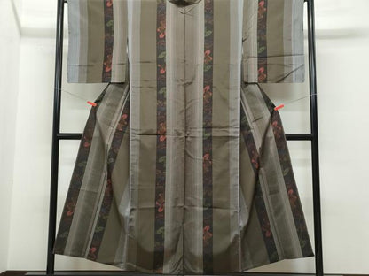 平和屋着物▽上質な紬 単衣 千鳥 立波遠山草木文 正絹 逸品 CAAQ0014vf