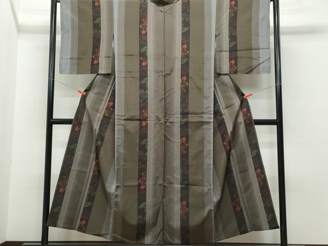 平和屋着物▽上質な紬 単衣 千鳥 立波遠山草木文 正絹 逸品 CAAQ0014vf