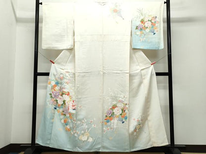 平和屋着物▽訪問着 単衣 刺繍 扇面草花文 正絹 逸品 CAAQ0018vf