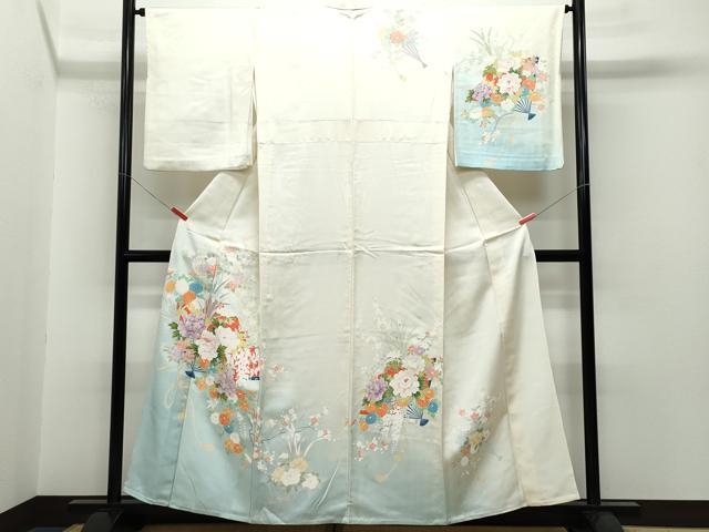 平和屋着物▽訪問着 単衣 刺繍 扇面草花文 正絹 逸品 CAAQ0018vf