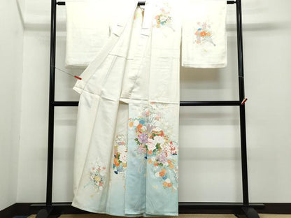 平和屋着物▽訪問着 単衣 刺繍 扇面草花文 正絹 逸品 CAAQ0018vf