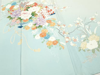 平和屋着物▽訪問着 単衣 刺繍 扇面草花文 正絹 逸品 CAAQ0018vf