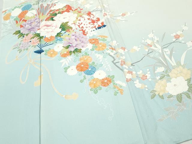平和屋着物▽訪問着 単衣 刺繍 扇面草花文 正絹 逸品 CAAQ0018vf