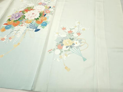 平和屋着物▽訪問着 単衣 刺繍 扇面草花文 正絹 逸品 CAAQ0018vf