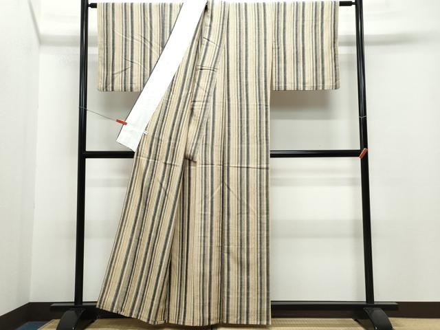 平和屋着物▽上質な紬 単衣 縞 正絹 逸品 CAAQ0021vf