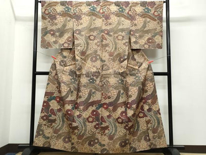 平和屋着物▽訪問着 単衣 紬地 辻が花 正絹 逸品 CAAQ0028vf