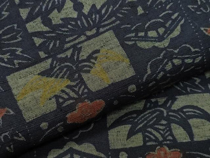 平和屋着物▽上質な紬 単衣 吉祥草花文 正絹 逸品 CAAQ0029vf