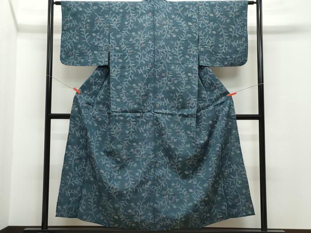 平和屋着物▽上質な紬　単衣　舞葉文　正絹　逸品　CAAQ0044vf