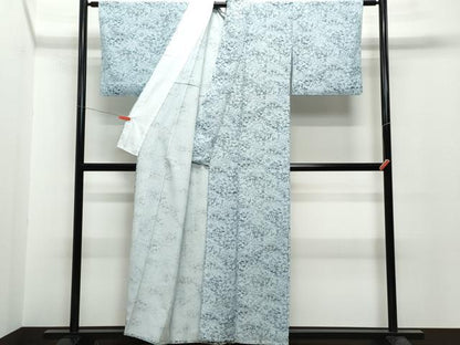 平和屋着物▽上質な小紋 単衣 藍 ふくら雀 草花文 正絹 逸品 CAAQ0050vf