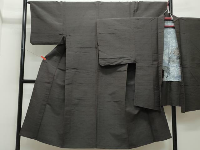 平和屋着物▽男性 紬 単衣 アンサンブル 色無地 鉄黒色 正絹 逸品 CAAQ0051vf