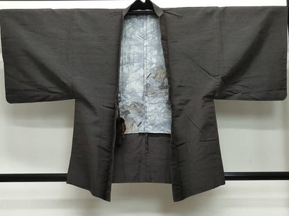 平和屋着物▽男性 紬 単衣 アンサンブル 色無地 鉄黒色 正絹 逸品 CAAQ0051vf
