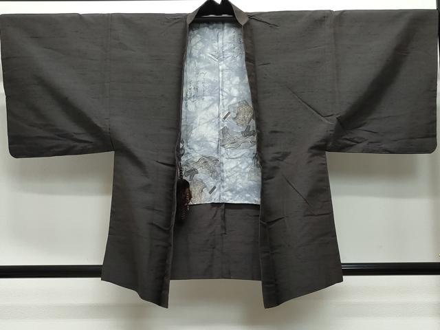 平和屋着物▽男性 紬 単衣 アンサンブル 色無地 鉄黒色 正絹 逸品 CAAQ0051vf