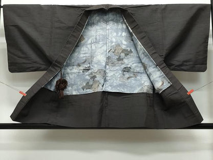 平和屋着物▽男性 紬 単衣 アンサンブル 色無地 鉄黒色 正絹 逸品 CAAQ0051vf