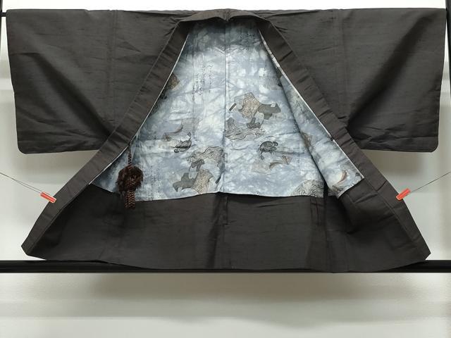 平和屋着物▽男性 紬 単衣 アンサンブル 色無地 鉄黒色 正絹 逸品 CAAQ0051vf
