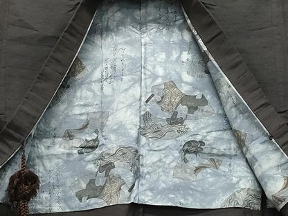 平和屋着物▽男性 紬 単衣 アンサンブル 色無地 鉄黒色 正絹 逸品 CAAQ0051vf