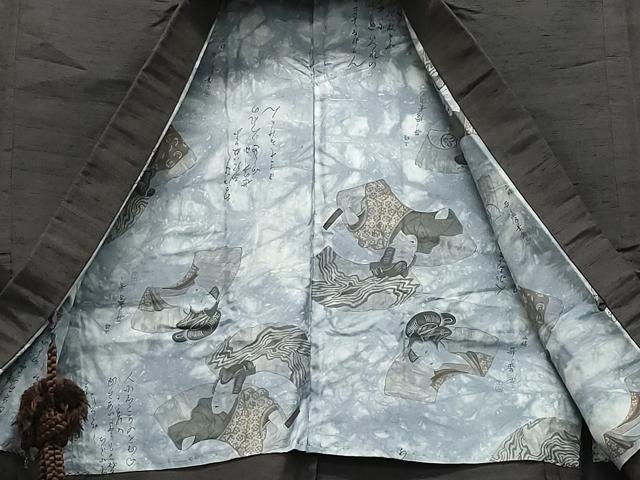 平和屋着物▽男性 紬 単衣 アンサンブル 色無地 鉄黒色 正絹 逸品 CAAQ0051vf