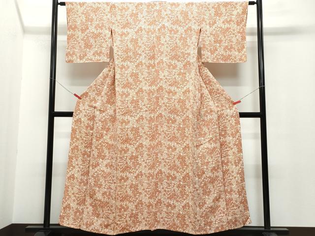 平和屋着物▽上質な小紋 単衣 型染め 草花文 鬼しぼ縮緬 正絹 逸品 CAAQ0060vf