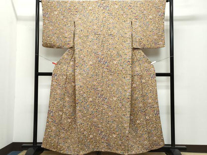 平和屋着物▽上質な小紋 単衣 型染め 流水草花文 鬼しぼ縮緬 正絹 逸品 CAAQ0066vf