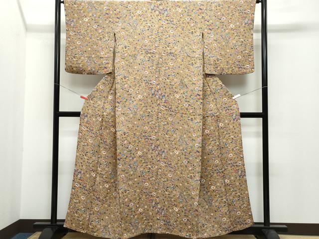 平和屋着物▽上質な小紋 単衣 型染め 流水草花文 鬼しぼ縮緬 正絹 逸品 CAAQ0066vf