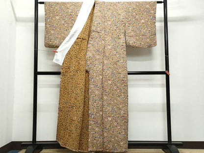 平和屋着物▽上質な小紋 単衣 型染め 流水草花文 鬼しぼ縮緬 正絹 逸品 CAAQ0066vf