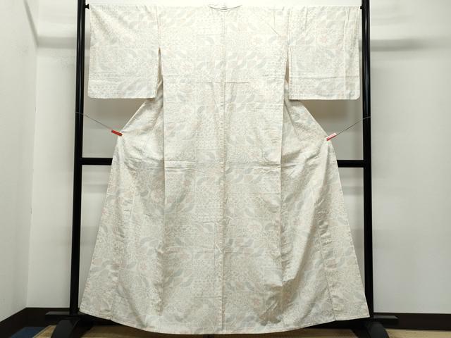 平和屋着物▽上質な紬　単衣　扇面草花文　正絹　逸品　CAAQ0068vf